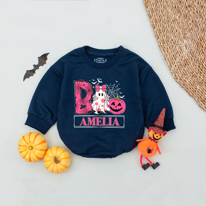 Custom Name Ghost Girls Halloween Boo Baby Romper, Retro Toddler Boo Shirt, Spooky Girl Babysuit, Personalized Ghost Girl Name