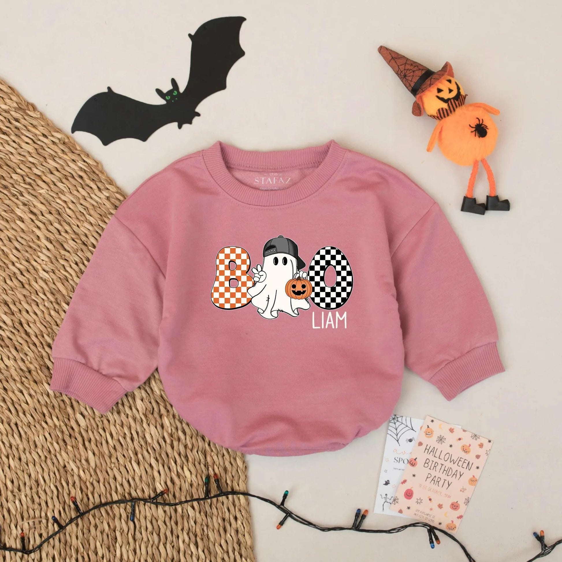 Boo Ghost Bubble Romper Personalized Liam Halloween Outfit Custom Name Fall Baby Bodysuit