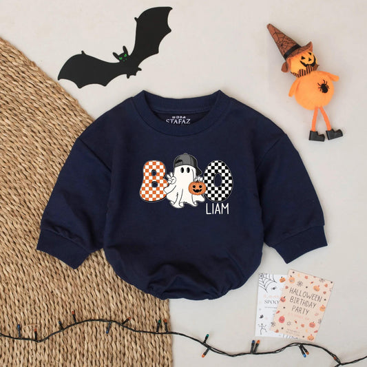 Boo Ghost Bubble Romper Personalized Liam Halloween Outfit Custom Name Fall Baby Bodysuit
