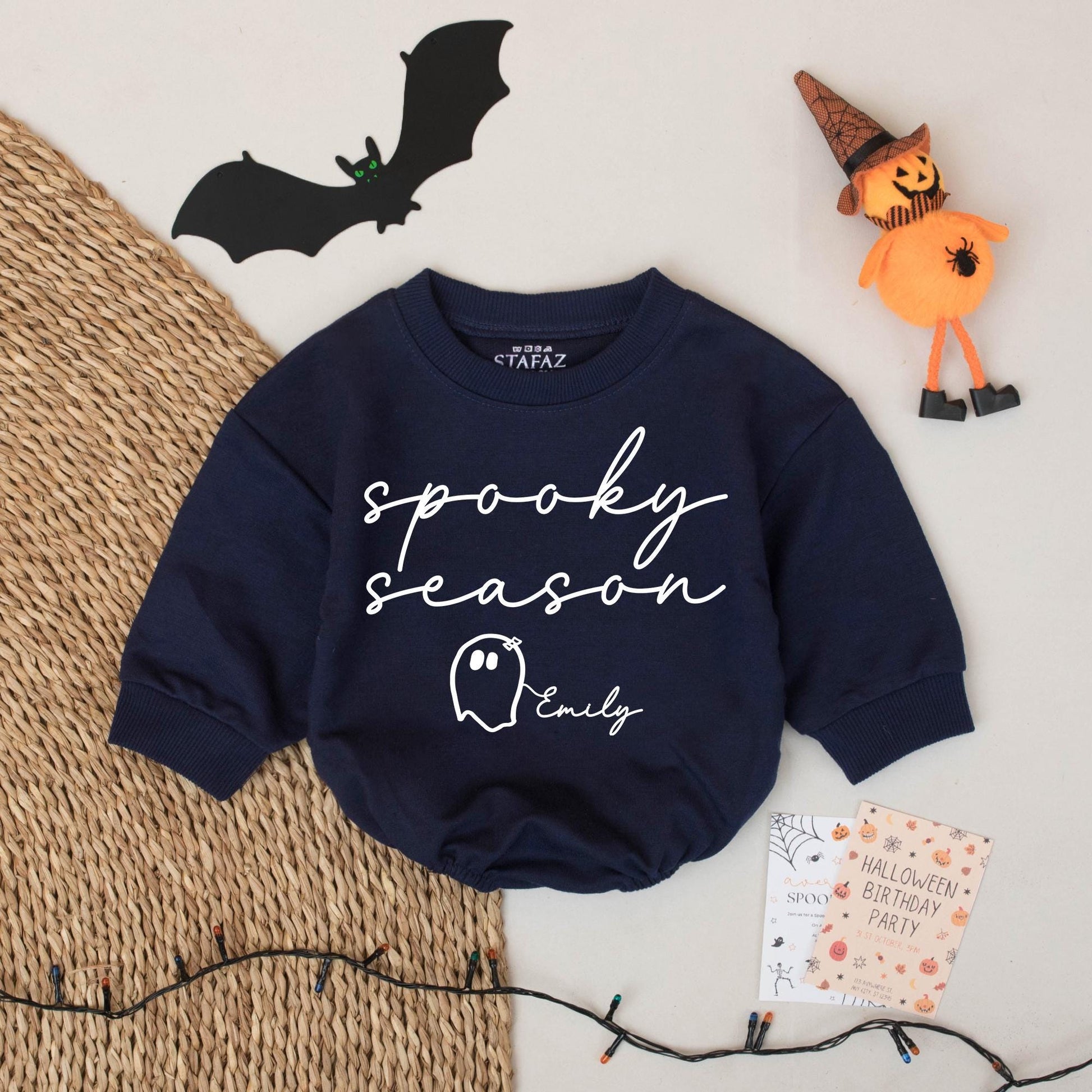 Spooky Season Ghost Romper Personalized Emily Halloween Bodysuit Adorable Baby Fall Gift Girl Boy