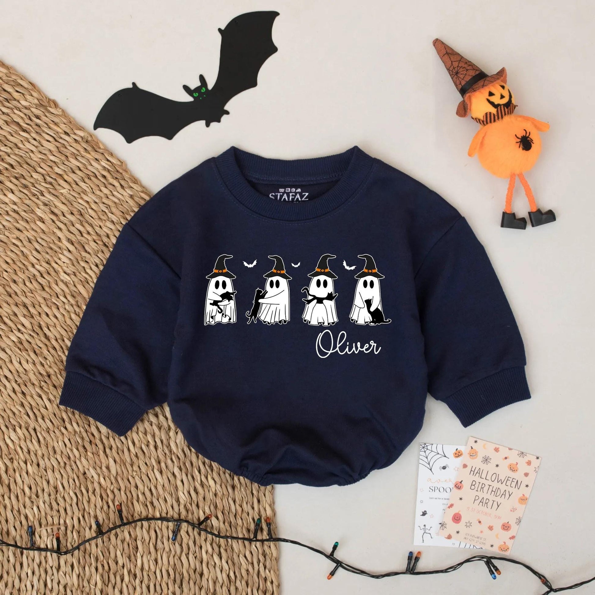 Ghost Crew Cats Baby Romper Custom Halloween Outfit Personalized Fall Name Gift Spooky Season Infant Wear