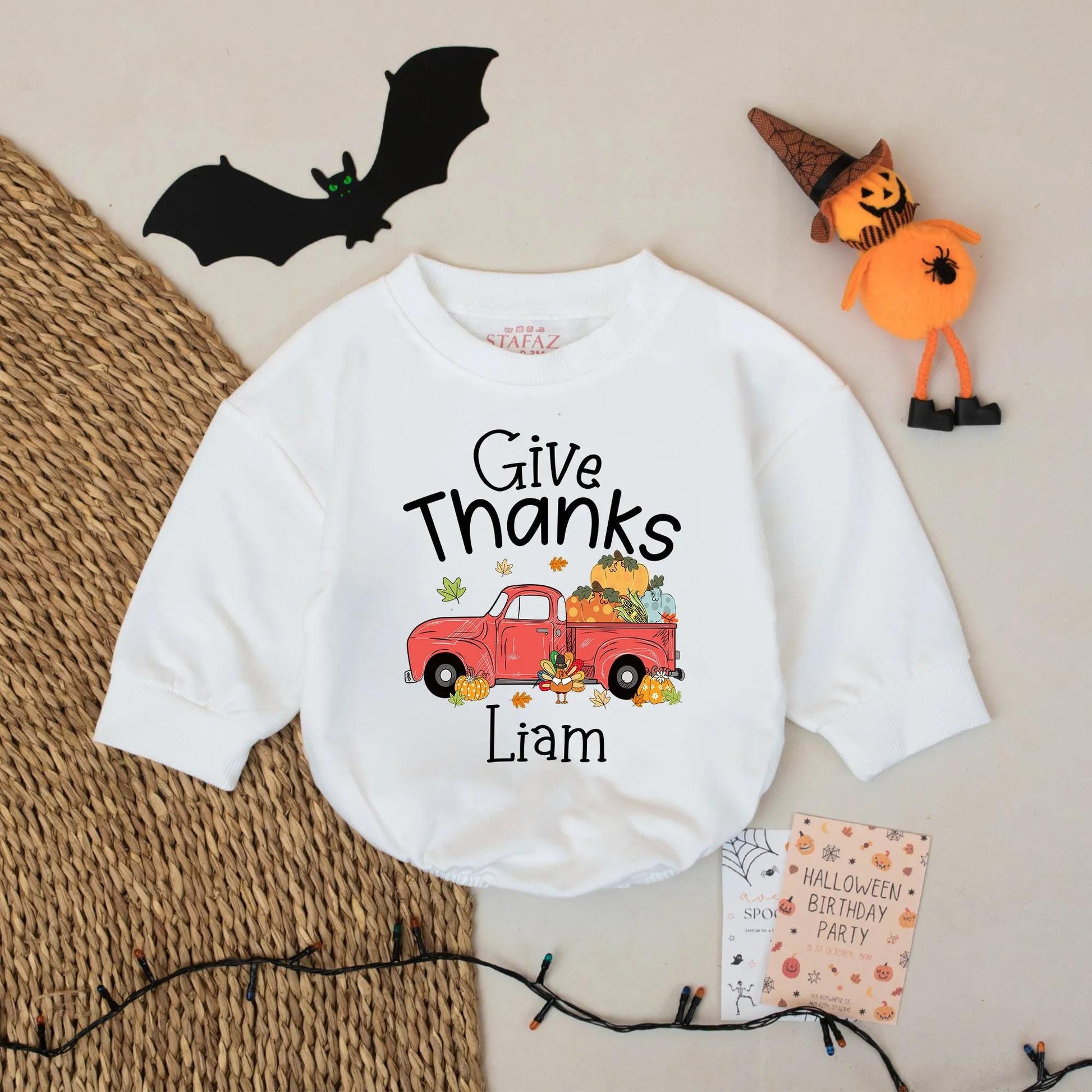 Personalized Baby's First Thanksgiving Romper with Pumpkin Truck, Custom Fall Gift for Liam, Newborn Thanksgiving Outfit