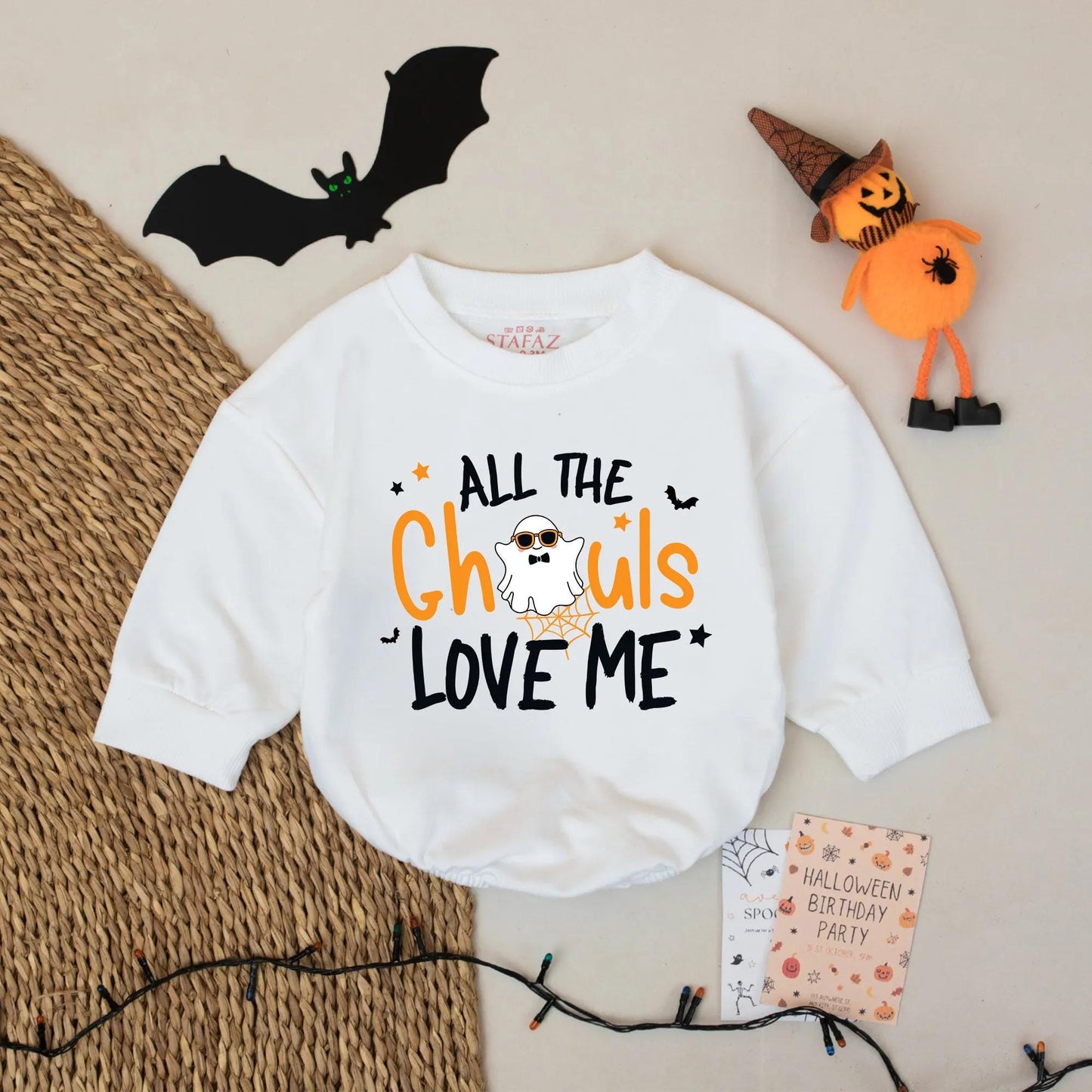 All the Ghouls Love Me Baby Romper Funny Halloween Outfit with Ghost, Stars, Bats Custom Name Gift for Baby Boys Girls Infant Fall