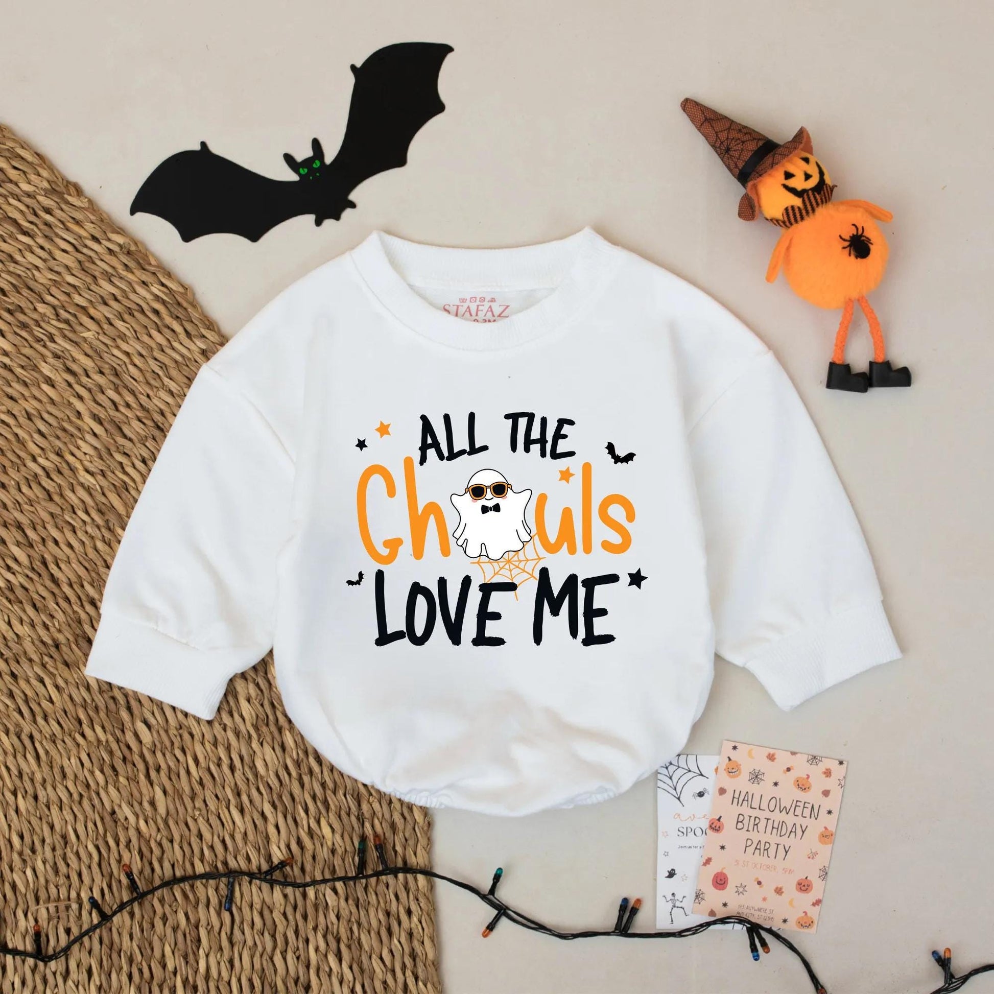 All the Ghouls Love Me Baby Romper Funny Halloween Outfit with Ghost, Stars, Bats Custom Name Gift for Baby Boys Girls Infant Fall
