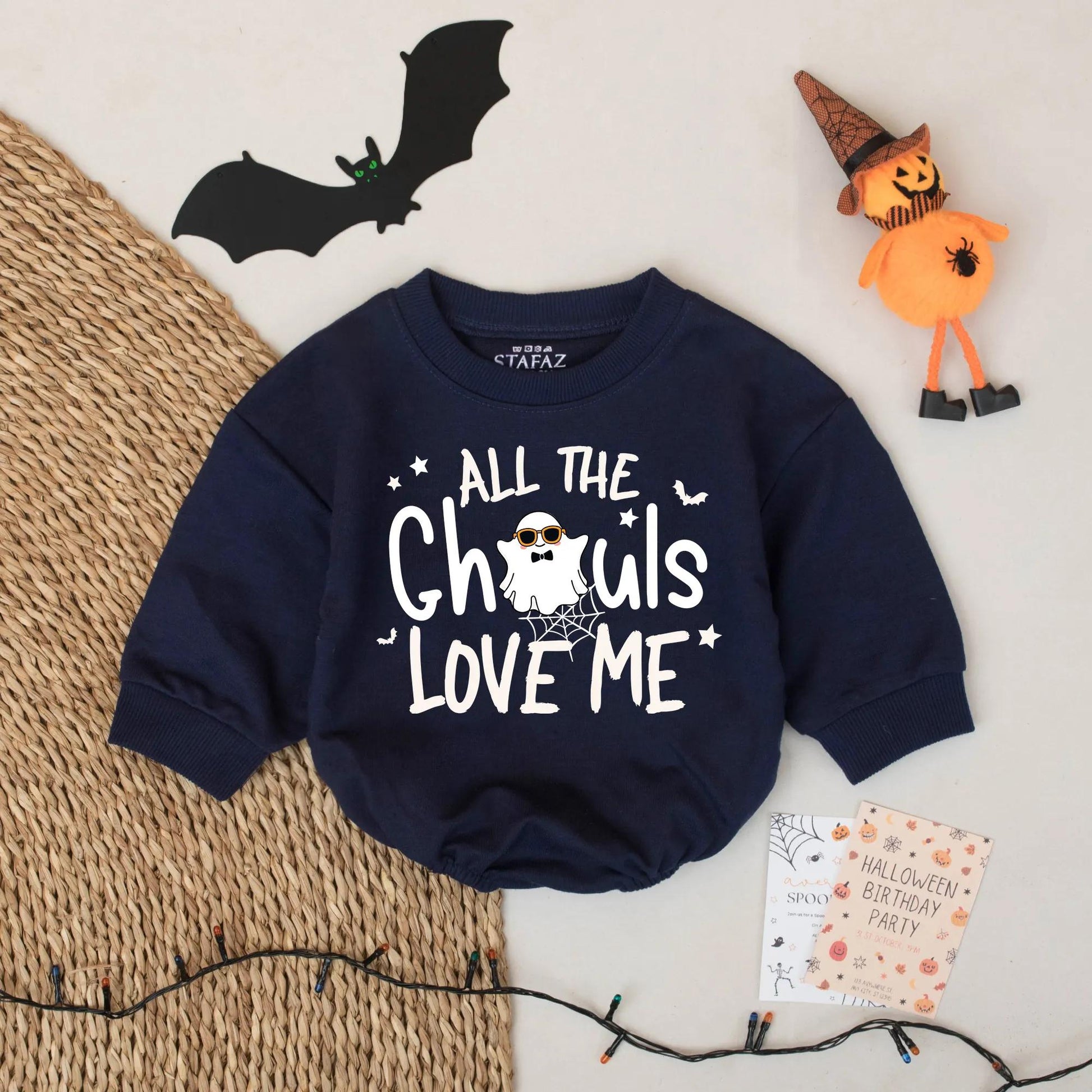 All the Ghouls Love Me Baby Romper Funny Halloween Outfit with Ghost, Stars, Bats Custom Name Gift for Baby Boys Girls Infant Fall