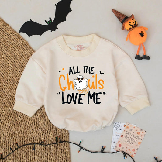 All the Ghouls Love Me Baby Romper Funny Halloween Outfit with Ghost, Stars, Bats Custom Name Gift for Baby Boys Girls Infant Fall