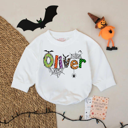 Oliver's Spooky Halloween Romper: Custom Name Spiderweb Bodysuit - Personalized Baby Outfit with Bats, Pumpkins & Candy - Festive Infant Costume Gift
