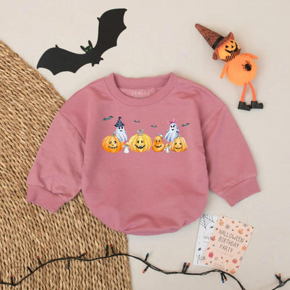 Baby's Spooky Halloween Romper with Ghosts & Pumpkins - Custom Name Fall Outfit - Baby Bodysuit Gift (139 char)