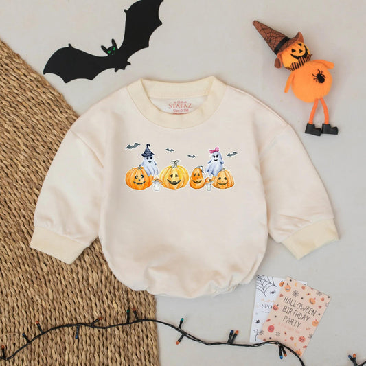 Baby's Spooky Halloween Romper with Ghosts & Pumpkins - Custom Name Fall Outfit - Baby Bodysuit Gift (139 char)