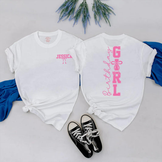Birthday Girl Pink Bow Tee Custom Name Birthday Outfit Personalized Cute Party Clothes Gift for Her