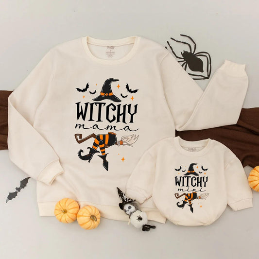 Witchy Mama & Witchy Mini Matching Sweatshirts Spooky Halloween Family Outfits Mommy and Me Cozy Fall Vibes