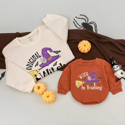 Original Witch & Witch in Training Matching Sweatshirt Cute Halloween Family Outfit Custom Mom Baby Spooky Season Gift Witch Hat Broom