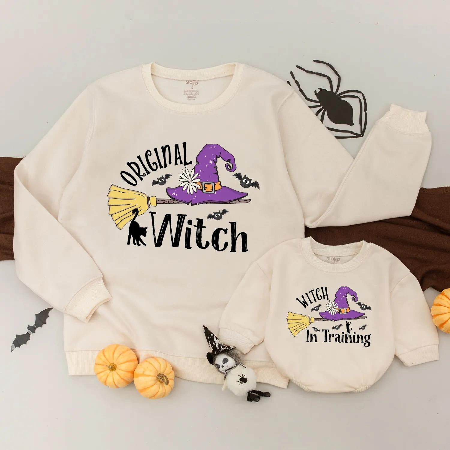 Original Witch & Witch in Training Matching Sweatshirt Cute Halloween Family Outfit Custom Mom Baby Spooky Season Gift Witch Hat Broom
