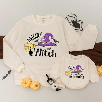 Original Witch & Witch in Training Matching Sweatshirt Cute Halloween Family Outfit Custom Mom Baby Spooky Season Gift Witch Hat Broom