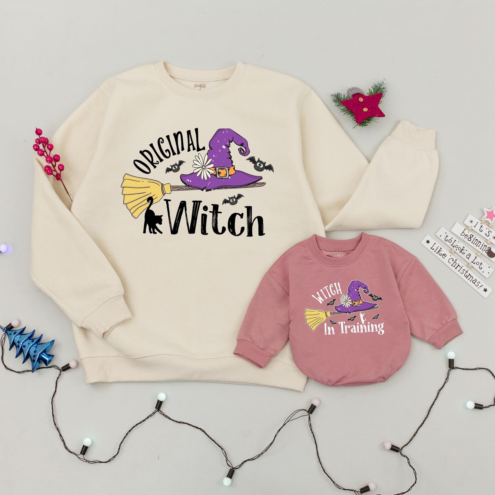 Original Witch & Witch in Training Matching Sweatshirt Cute Halloween Family Outfit Custom Mom Baby Spooky Season Gift Witch Hat Broom