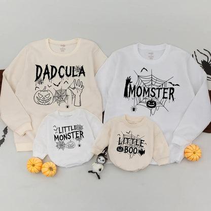 Dadcula Momster Little Monster Halloween Family Matching Sweatshirts and Little Boo Romper for Spooky Season Pumpkin Patch Parties