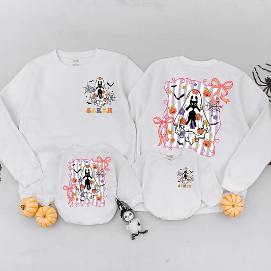 Cute Ghost Halloween Sweatshirt with Pumpkin and Bow Spooky Season Mommy and Me Matching Fall Gift