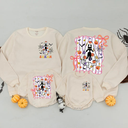 Cute Ghost Halloween Sweatshirt with Pumpkin and Bow Spooky Season Mommy and Me Matching Fall Gift