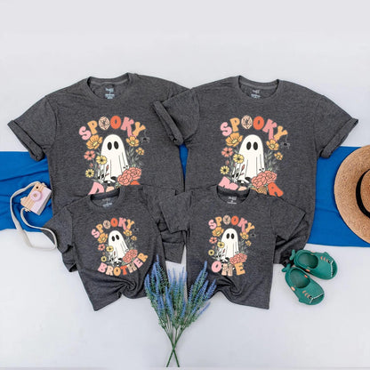 Spooky Family Matching Shirts Retro Ghost & Floral Halloween Tees, Cute Custom Outfit, Baby Romper, Family Matching, Trick or Treat