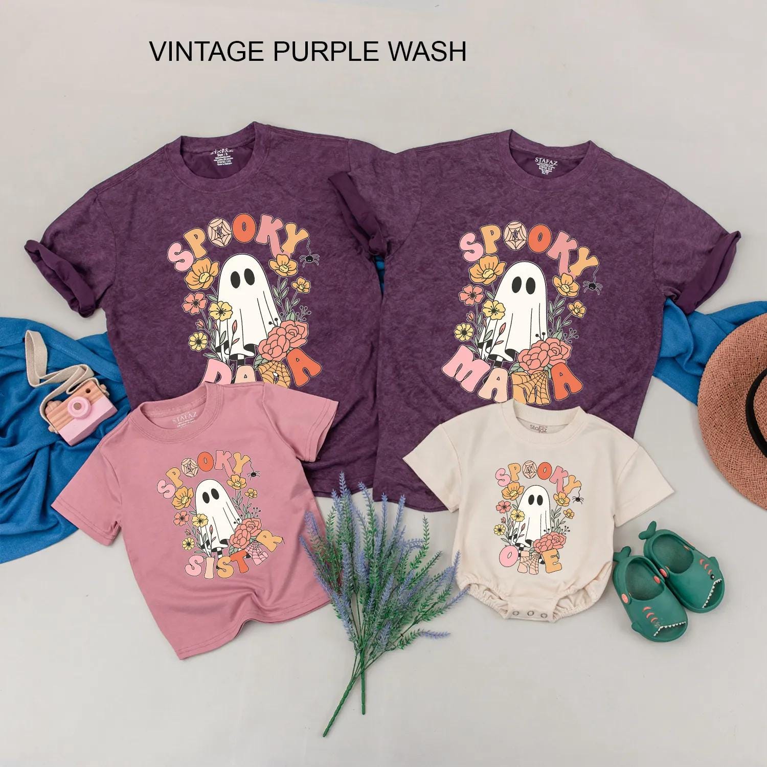 Spooky Family Matching Shirts Retro Ghost & Floral Halloween Tees, Cute Custom Outfit, Baby Romper, Family Matching, Trick or Treat