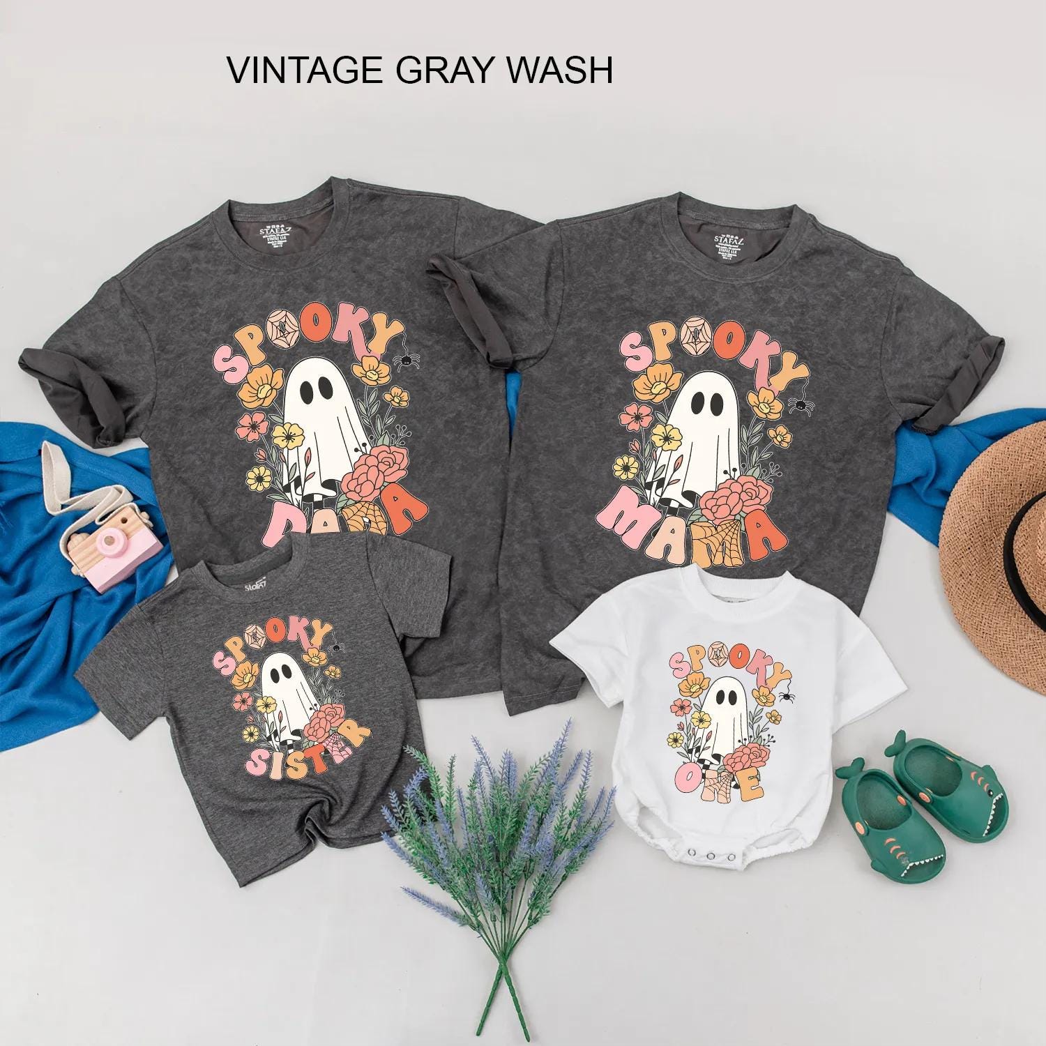 Spooky Family Matching Shirts Retro Ghost & Floral Halloween Tees, Cute Custom Outfit, Baby Romper, Family Matching, Trick or Treat