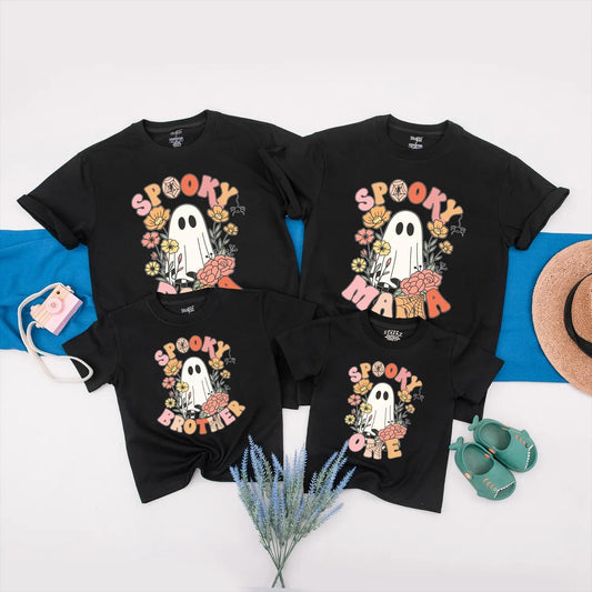 Spooky Family Matching Shirts Retro Ghost & Floral Halloween Tees, Cute Custom Outfit, Baby Romper, Family Matching, Trick or Treat