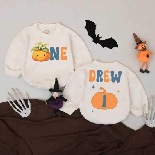 Little Pumpkin One Birthday Romper Custom Name Fall Baby Bodysuit Halloween Baby Gift Personalized 1st Birthday Outfit