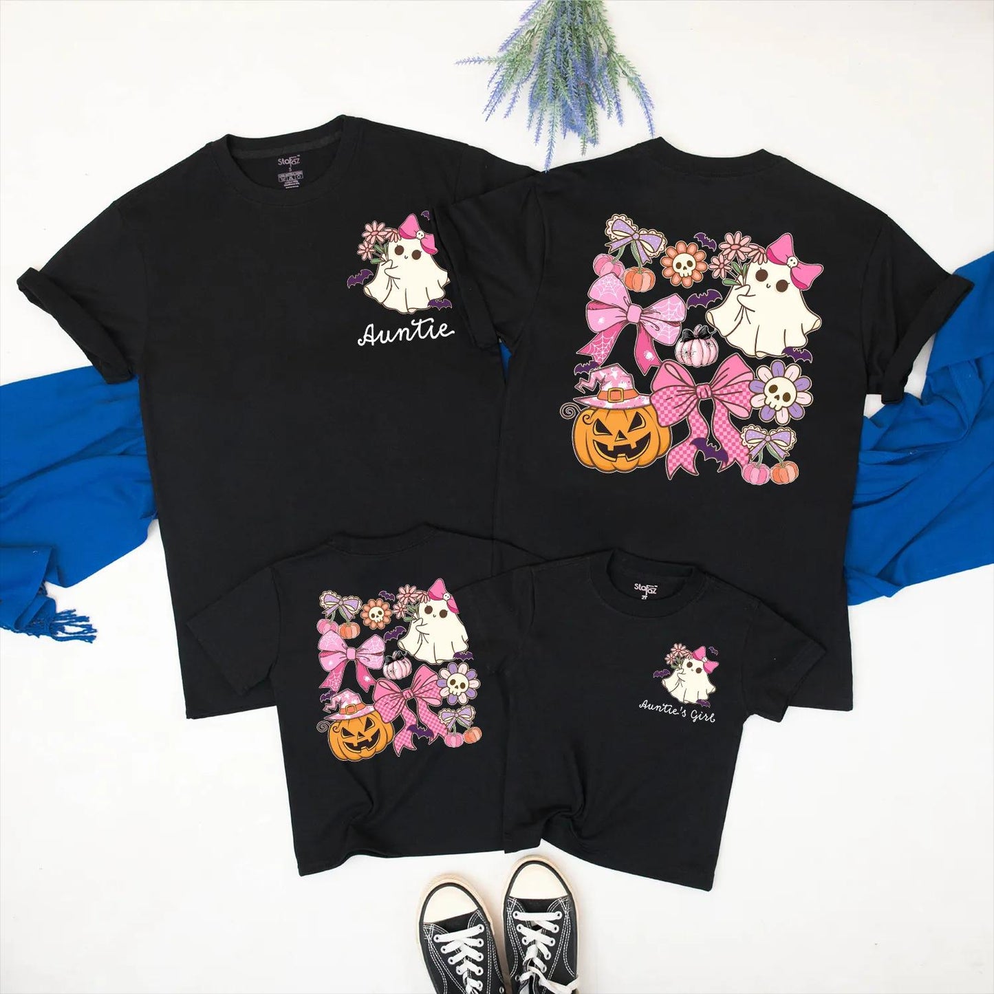 Cute Ghost Auntie and Niece Halloween Matching Family Shirt Spooky Season Outfit with Pink Pumpkin Design