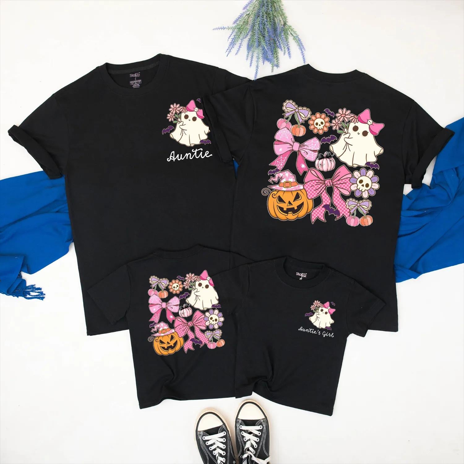 Cute Ghost Auntie and Niece Halloween Matching Family Shirt Spooky Season Outfit with Pink Pumpkin Design