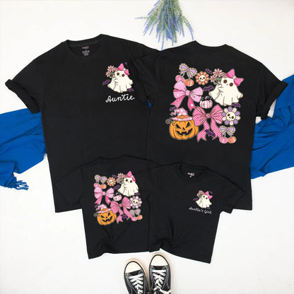 Cute Ghost Auntie and Niece Halloween Matching Family Shirt Spooky Season Outfit with Pink Pumpkin Design