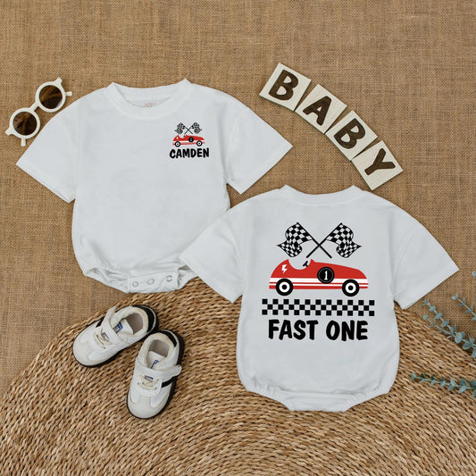 Fast One Race Car Birthday Romper for Baby Boy Custom Name Outfit First Birthday Gift Fun Red Car