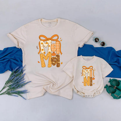 Custom Pumpkin Mama & Mini Matching Fall Shirt with Autumn Bow Design for Cozy Thanksgiving Family Outfits and Pumpkin Patch Gifts