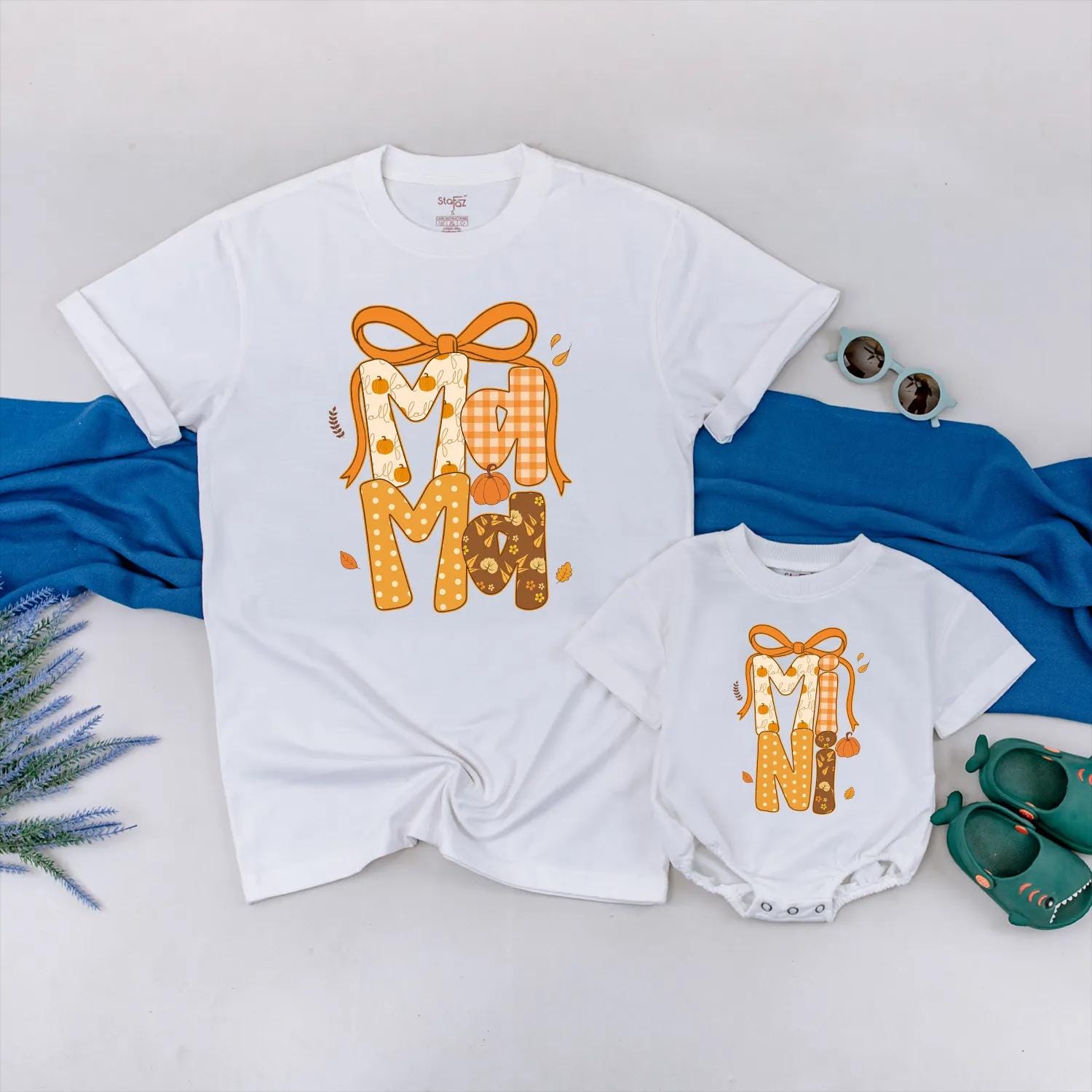 Custom Pumpkin Mama & Mini Matching Fall Shirt with Autumn Bow Design for Cozy Thanksgiving Family Outfits and Pumpkin Patch Gifts