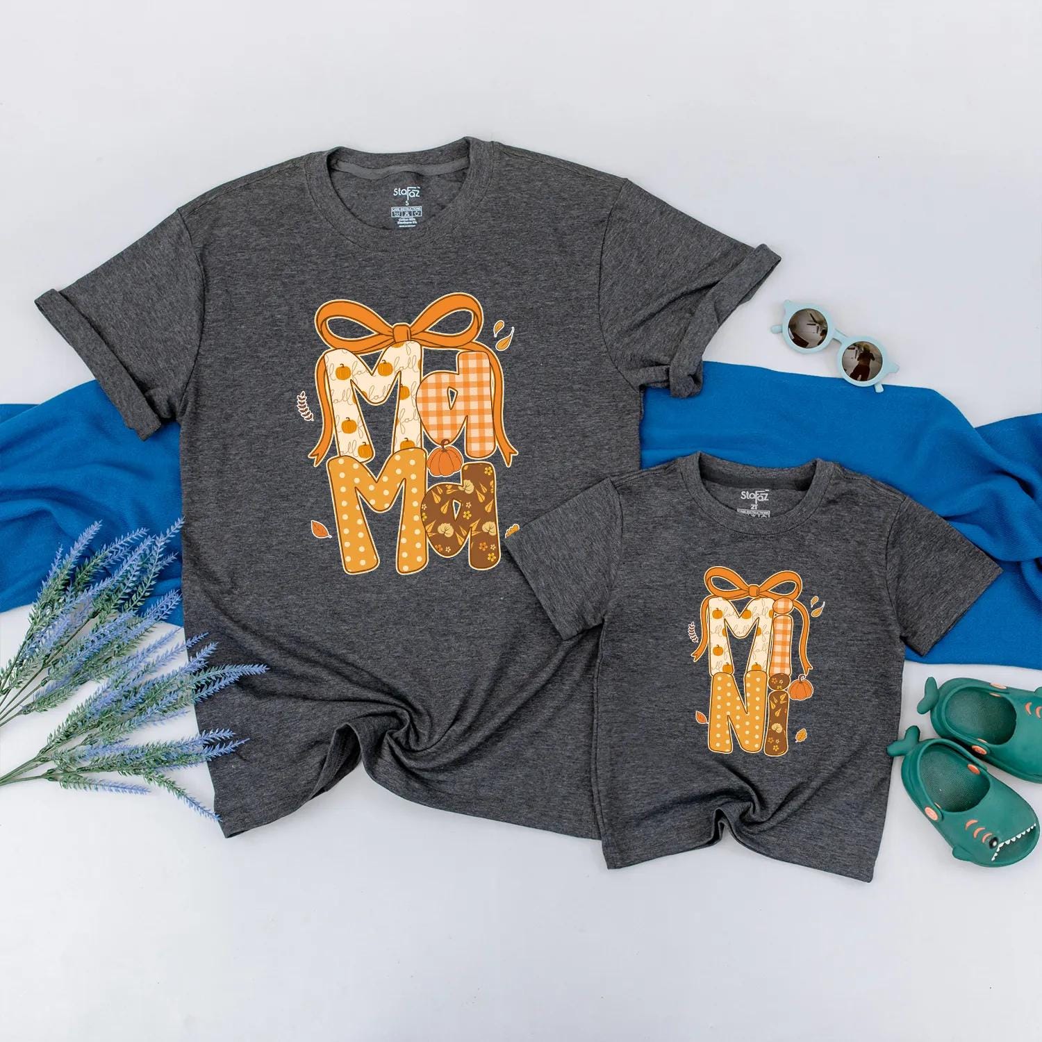 Custom Pumpkin Mama & Mini Matching Fall Shirt with Autumn Bow Design for Cozy Thanksgiving Family Outfits and Pumpkin Patch Gifts