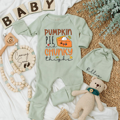 Pumpkin Pie & Chunky Thighs Baby Bodysuit Funny Thanksgiving Outfit Cozy Fall Newborn Clothes Personalized Baby Shower Gift