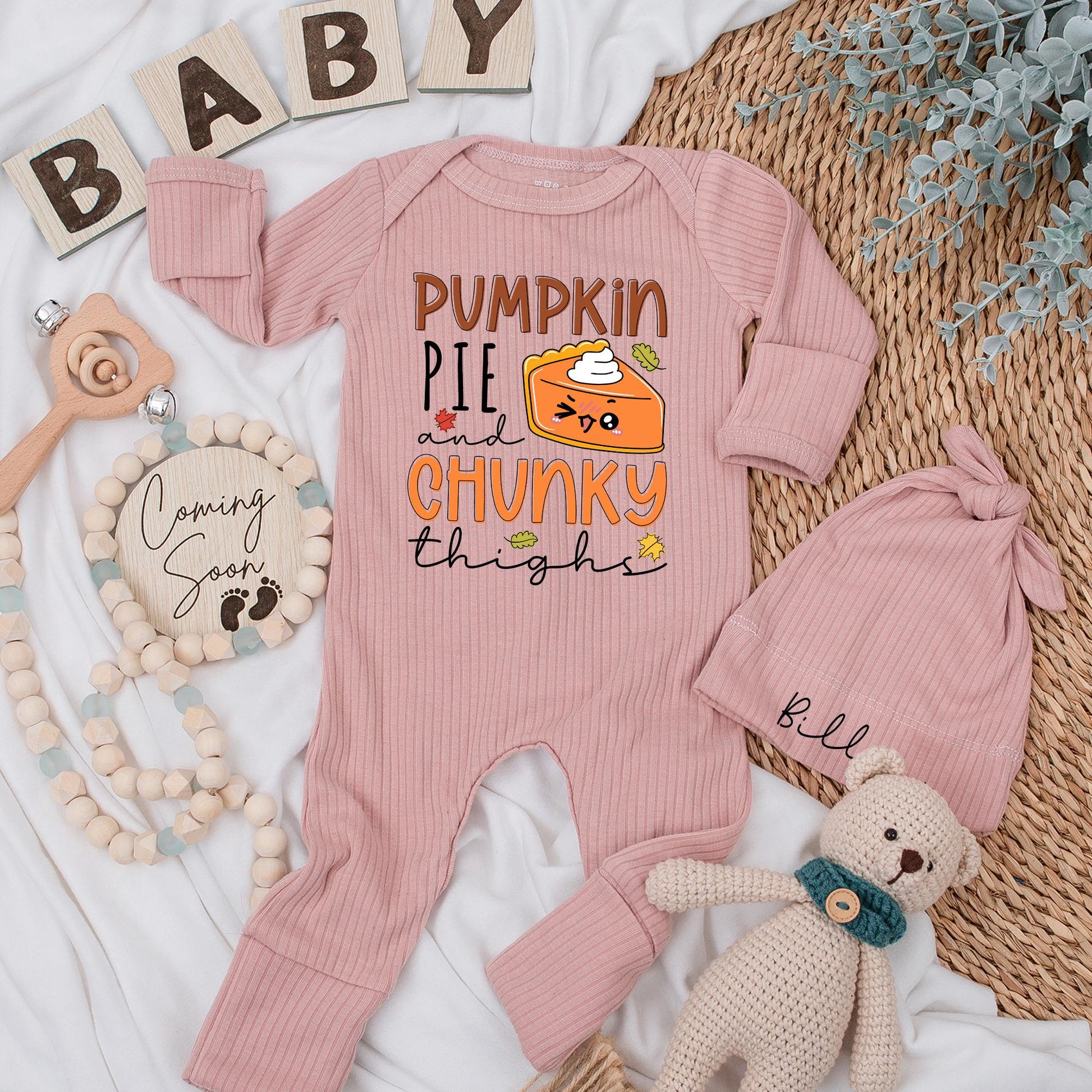 Pumpkin Pie & Chunky Thighs Baby Bodysuit Funny Thanksgiving Outfit Cozy Fall Newborn Clothes Personalized Baby Shower Gift