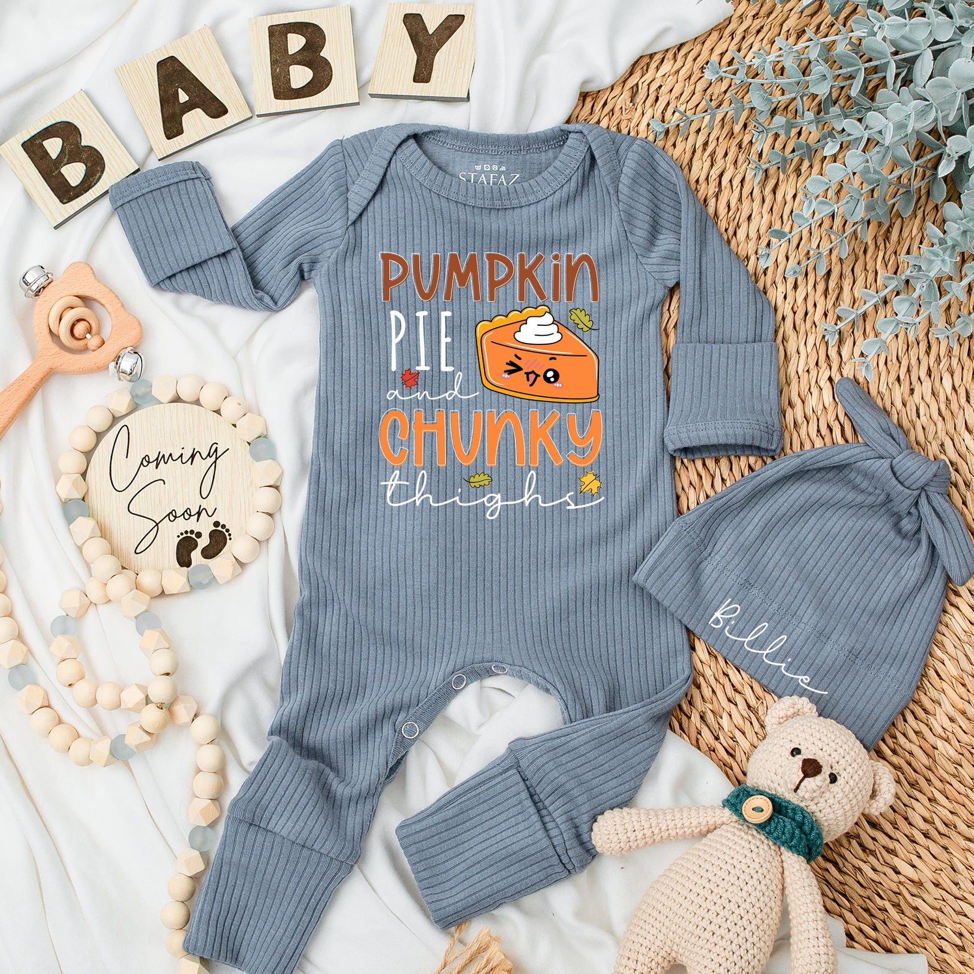 Pumpkin Pie & Chunky Thighs Baby Bodysuit Funny Thanksgiving Outfit Cozy Fall Newborn Clothes Personalized Baby Shower Gift
