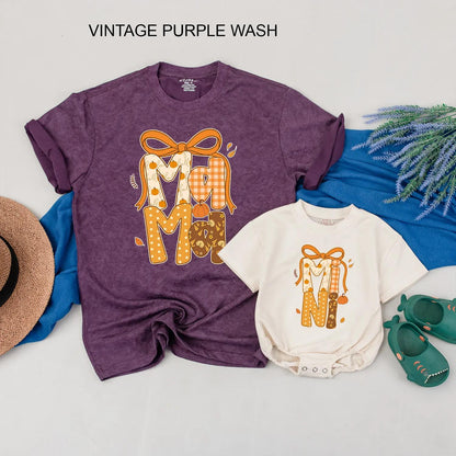 Custom Pumpkin Mama & Mini Matching Fall Shirt with Autumn Bow Design for Cozy Thanksgiving Family Outfits and Pumpkin Patch Gifts