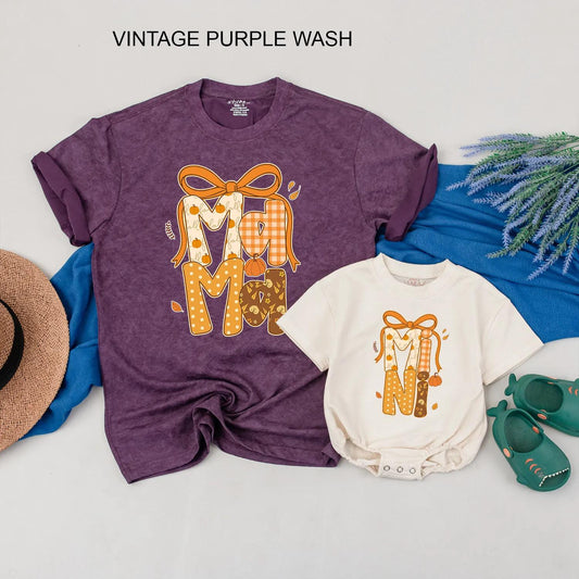 Custom Pumpkin Mama & Mini Matching Fall Shirt with Autumn Bow Design for Cozy Thanksgiving Family Outfits and Pumpkin Patch Gifts