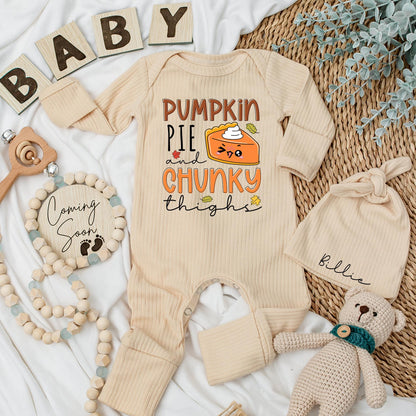 Pumpkin Pie & Chunky Thighs Baby Bodysuit Funny Thanksgiving Outfit Cozy Fall Newborn Clothes Personalized Baby Shower Gift