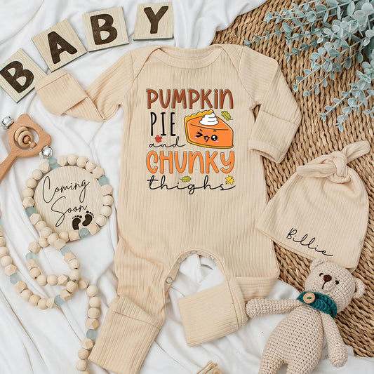 Pumpkin Pie & Chunky Thighs Baby Bodysuit Funny Thanksgiving Outfit Cozy Fall Newborn Clothes Personalized Baby Shower Gift