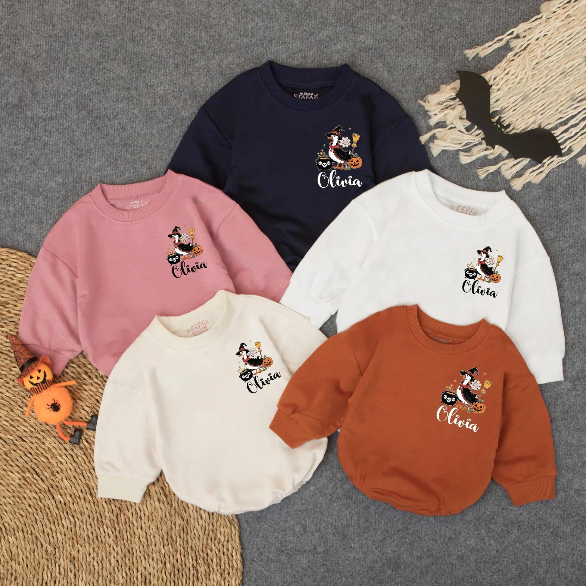 Custom Goose Witch Halloween Baby Romper Glitter Spooky Pumpkin Cauldron Daisy Fall Outfit Olivia
