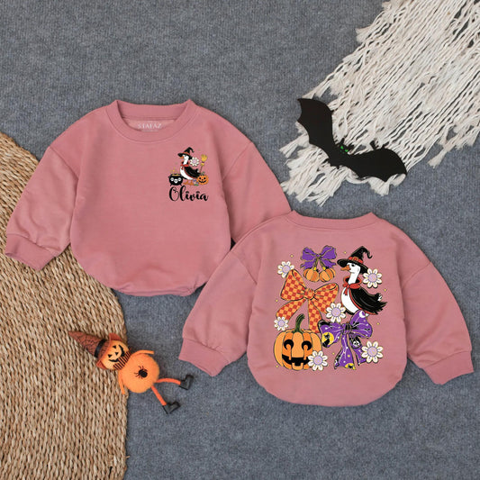 Custom Goose Witch Halloween Baby Romper Glitter Spooky Pumpkin Cauldron Daisy Fall Outfit Olivia