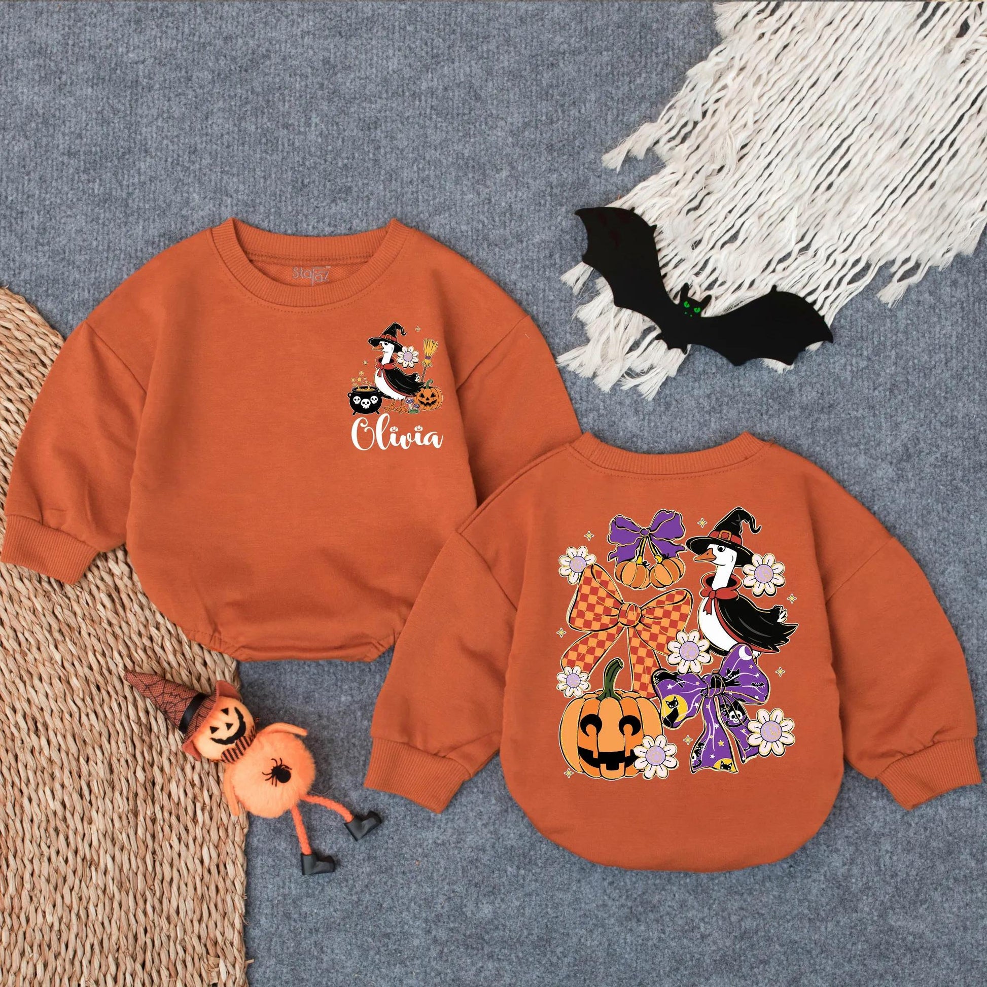 Custom Goose Witch Halloween Baby Romper Glitter Spooky Pumpkin Cauldron Daisy Fall Outfit Olivia