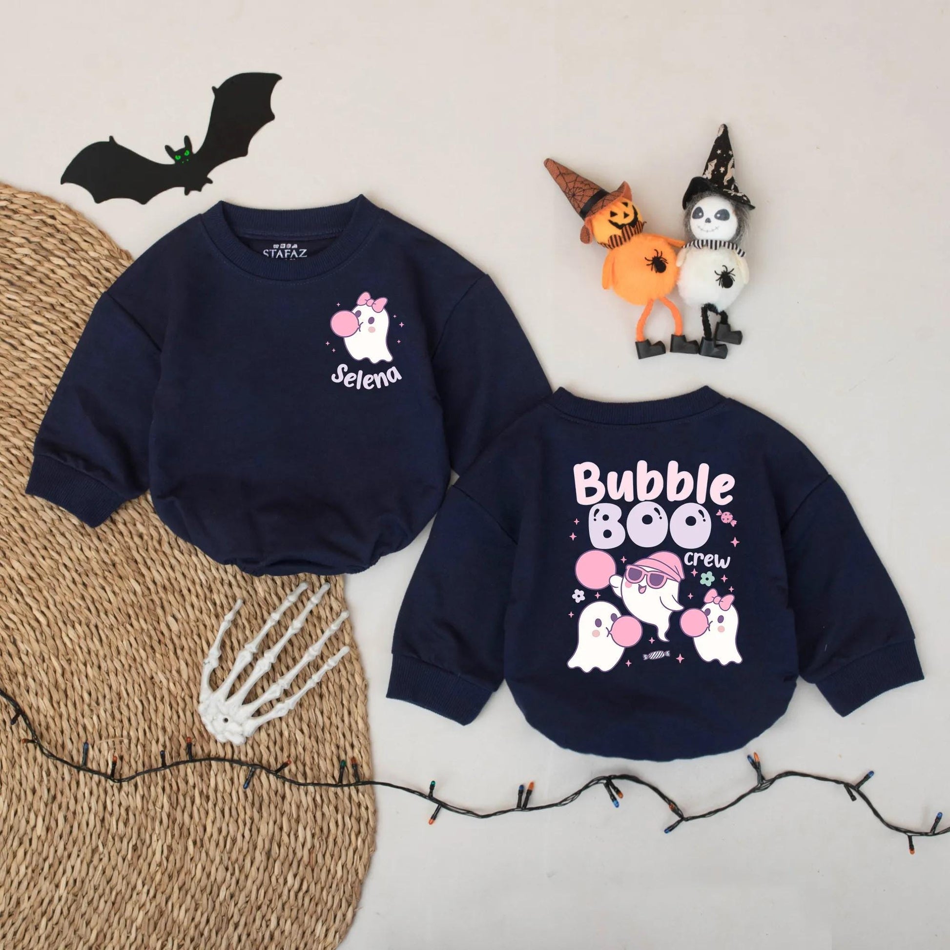 Bubble Boo Crew Baby Romper Selena Pink Bow Ghost Halloween Outfit Custom Name Toddler Bodysuit Cute Spooky Season Gift