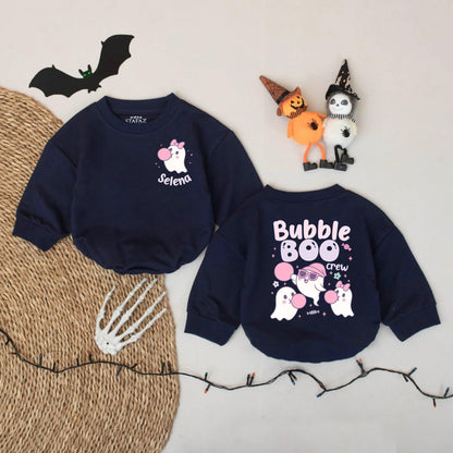 Bubble Boo Crew Baby Romper Selena Pink Bow Ghost Halloween Outfit Custom Name Toddler Bodysuit Cute Spooky Season Gift