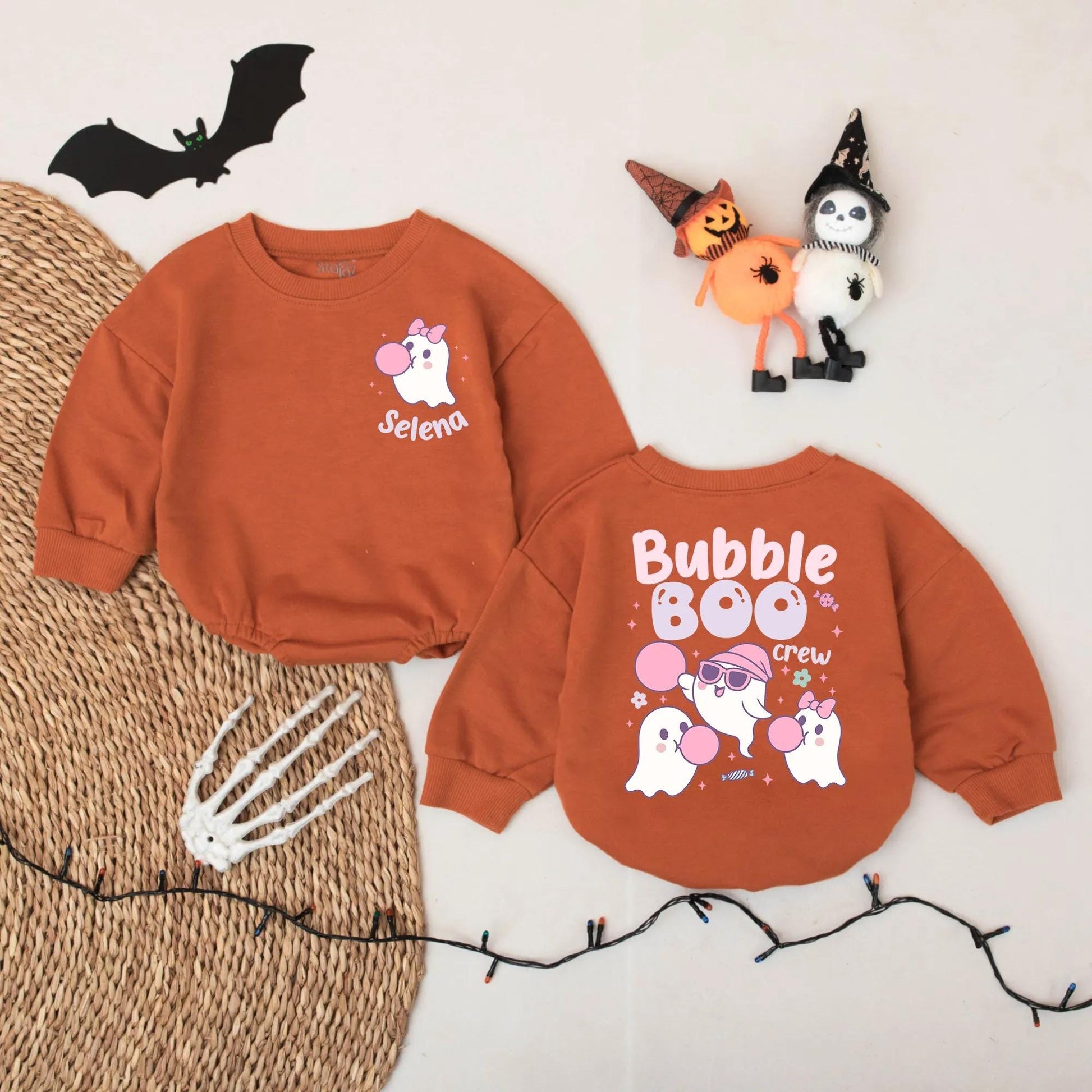 Bubble Boo Crew Baby Romper Selena Pink Bow Ghost Halloween Outfit Custom Name Toddler Bodysuit Cute Spooky Season Gift