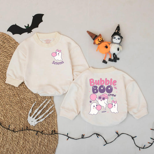Bubble Boo Crew Baby Romper Selena Pink Bow Ghost Halloween Outfit Custom Name Toddler Bodysuit Cute Spooky Season Gift