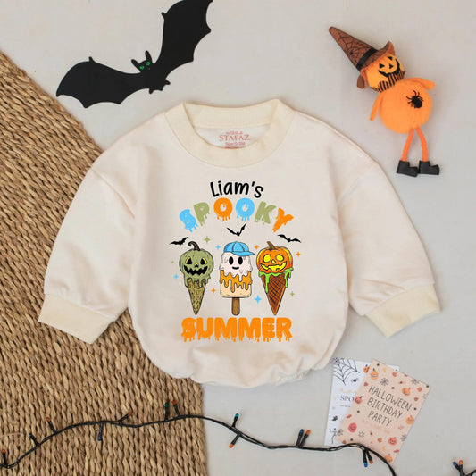 Personalized Spooky Summer Romper - Custom Name Halloween Treat Bodysuit with Ice Cream & Bats - Cartoon Baby Outfit, Sweet & Spooky, 138 chars