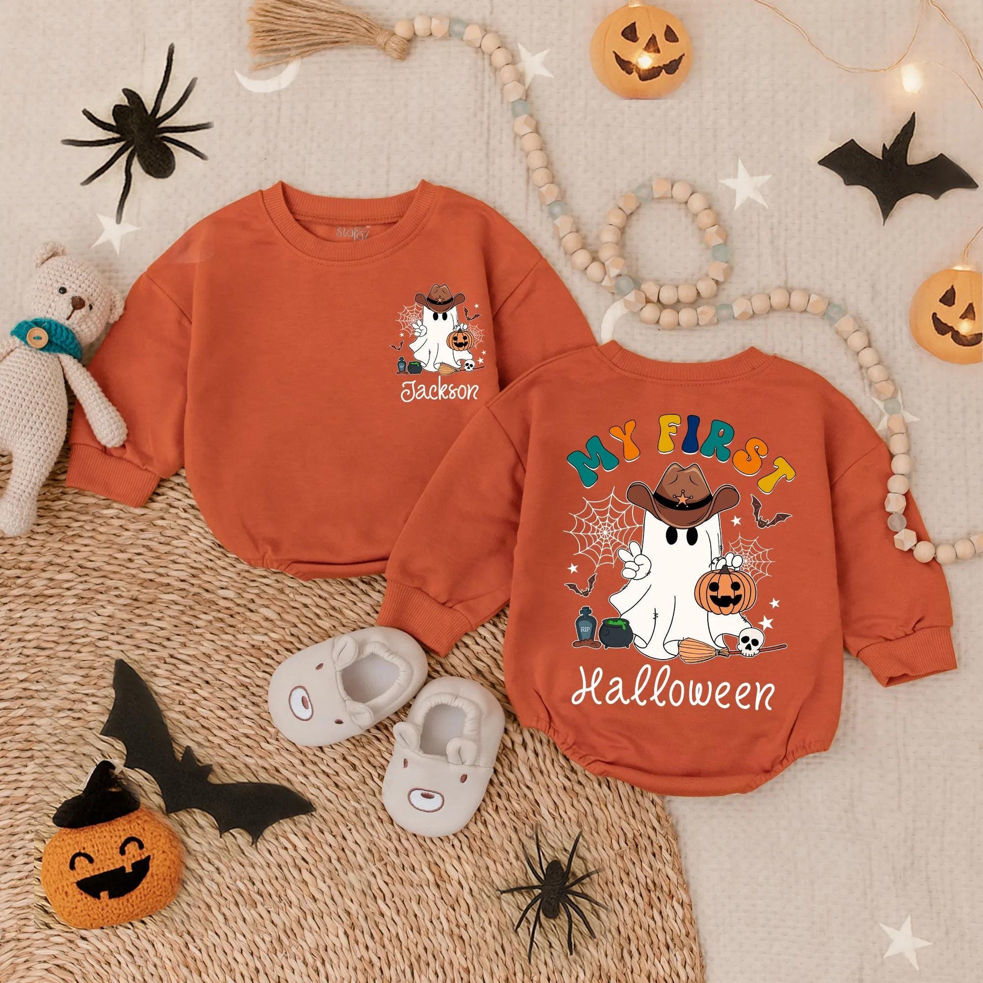 Custom 'My First Halloween' Baby Boy Romper with Ghost Cowboy! Spooky Dude Outfit, Pumpkin Bodysuit, Personalized Name, Cute Boo Costume (140 chars)